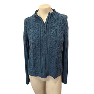 Cabela's Blue Cable Knit Quarter Zip Sweater Womens Medium‎ Fisherman Pullover